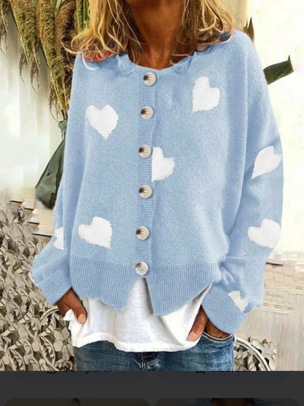 Light Blue Heart Button-Front Knit Cardigan - Unbranded